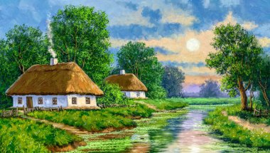 Günbatımında nehir kıyısındaki geleneksel Ukrayna köyü sazdan çatıları olan eski beyaz kulübeler, pitoresk yaz manzarası, halk mimarisi. Resimler, manzara, güzel sanatlar.