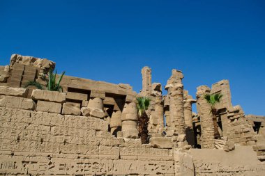 KARNAK TEMPLE - Mısır 'ın hiyeroglifleri ve antik sembolleri olan güzel yerlerinde büyük sütunlar. Nil Nehri ve Lüksör, Mısır yakınlarındaki dünyanın ünlü simgesi.