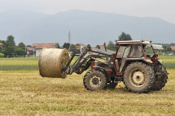 Turin Italië Circa Mei 2020 Tractor Laadt Ronde Hooibalen Van — Stockfoto