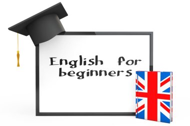 İngilizce öğrenme kavramı. Mezuniyet kep, kara tahta ve İngilizce