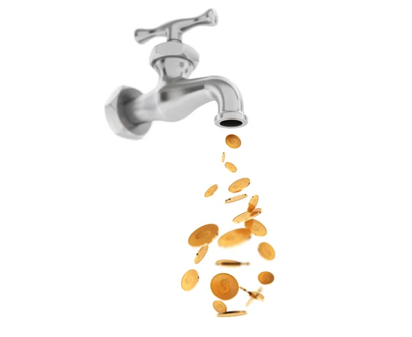 Moeda dourada saindo da torneira de água cromada — Fotografia de Stock