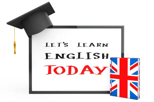 Concetto di apprendimento dell'inglese. Graduation Cap, Lavagna e inglese — Foto Stock
