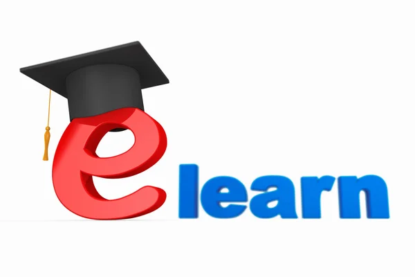 E-learning Concept. Graduation Hat over E Letter — Stock Photo, Image