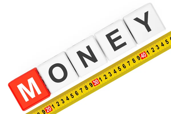 Meça o conceito de dinheiro. Cubos de dinheiro com fita métrica — Fotografia de Stock