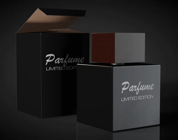 Flakon perfum czarny i pakiet Box — Zdjęcie stockowe