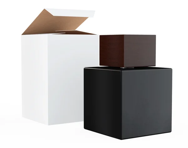 Schwarze Parfümflasche und Verpackungsbox — Stockfoto