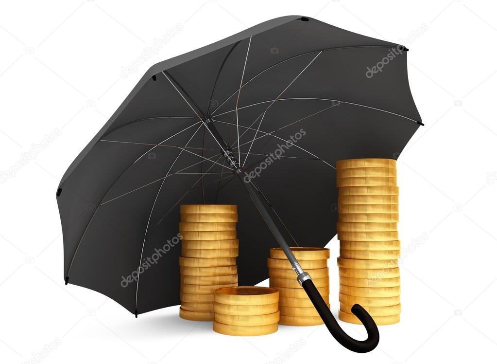 Bank Concept. Stacks of Golden Coins covered by Umbrella