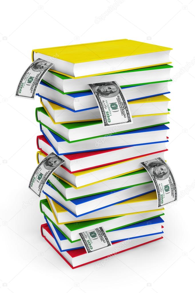 Stack of colorful books with dollar bills
