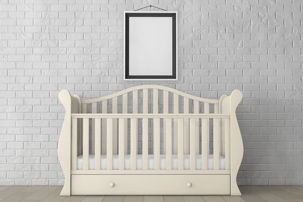 Baby Bed with Blank Photo Frame. 3d rendering — Stock Photo, Image