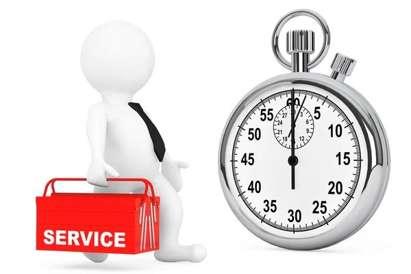 Snelle Service Concept. 3D-persoon met rode Toolbox en Stopwatch — Stockfoto