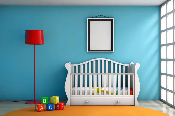 Çocuk odası yatak, lamba ve boş fotoğraf çerçevesi — Stok fotoğraf