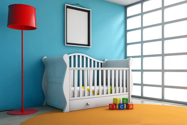 Kinderkamer met Bed, Lamp en lege fotolijstjes — Stockfoto