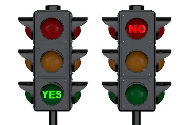 Luzes de trânsito com sinais sim e não — Fotografia de Stock