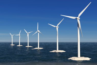Alternatif enerji kavramı. Okyanus'daki yel değirmenleri. 3D render