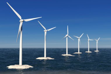 Alternatif enerji kavramı. Okyanus'daki yel değirmenleri. 3D render