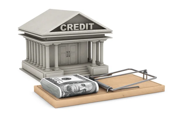 Kreditrisikokonzept. Mausefalle mit Geld gegen Bankgebäude — Stockfoto