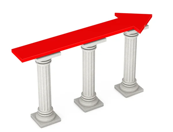 Seta de progresso vermelho sobre colunas clássicas. Renderização 3d — Fotografia de Stock