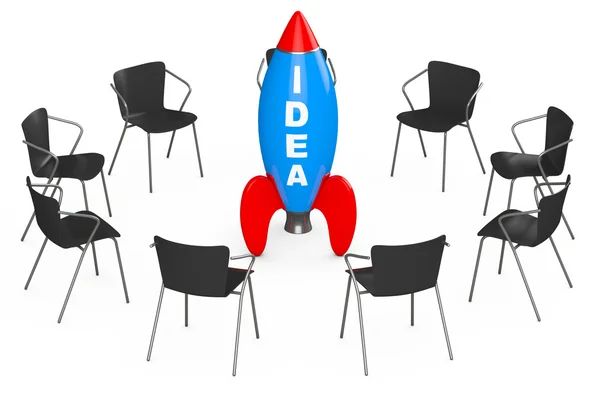 Cadeiras ao redor Rocket com Idea Sign. Renderização 3d — Fotografia de Stock