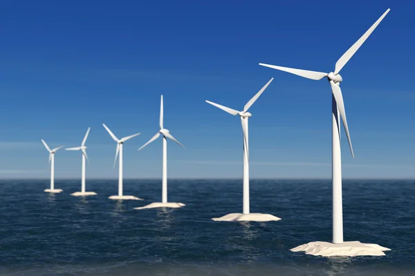 可替代能源的概念。在海洋中的风车。3d 渲染 — 图库照片