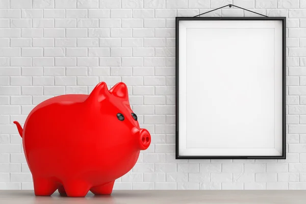 Red Piggy bank stijl spaarpot in de voorkant van de bakstenen muur met Blank — Stockfoto