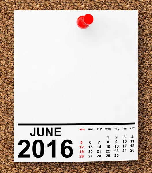 Calendário Junho de 2016. Renderização 3d — Fotografia de Stock