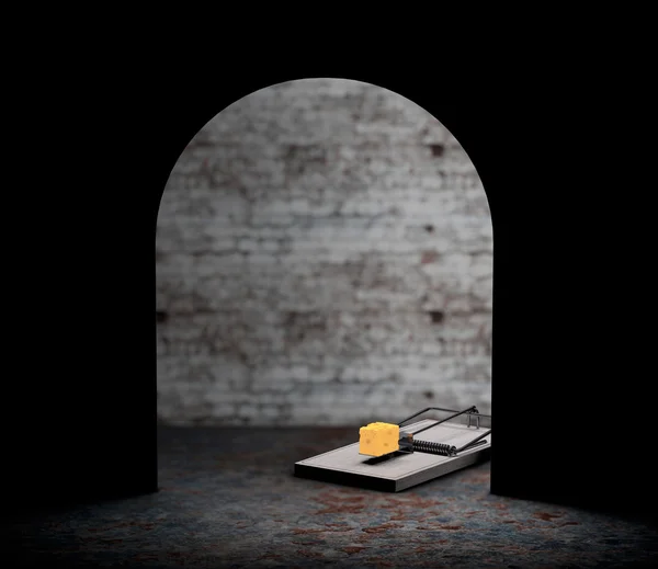 Rato armadilha com um pedaço de queijo olhando do buraco. Renderin 3d — Fotografia de Stock