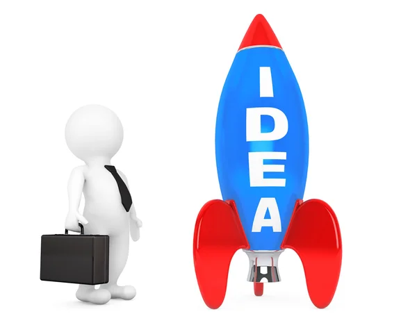 3d Businessman near Rocket with Idea Sign. 3d Rendering — Stock Photo, Image