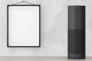 Bla ile tuğla duvar önündeki Wi-Fi işareti ile kablosuz hoparlör