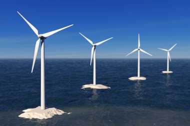 Alternatif enerji kavramı. Okyanus'daki yel değirmenleri. 3D render