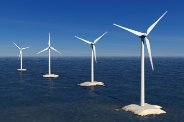 Alternatif enerji kavramı. Okyanus'daki yel değirmenleri. 3D render