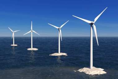 Alternatif enerji kavramı. Okyanus'daki yel değirmenleri. 3D render