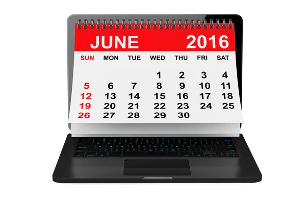 June 2016 calendar over laptop screen. 3d rendering — Stock Photo, Image