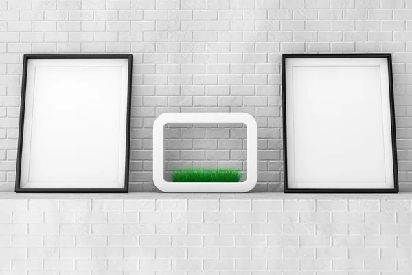 Blank Picture Frames with Grass in White Ceramics Planter on the — Stock Photo, Image