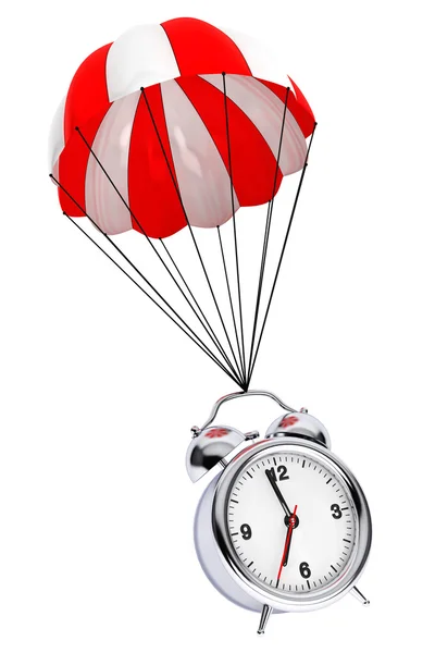 Red and White parachute with Alarm Clock. 3d Rendering — Stock Photo, Image