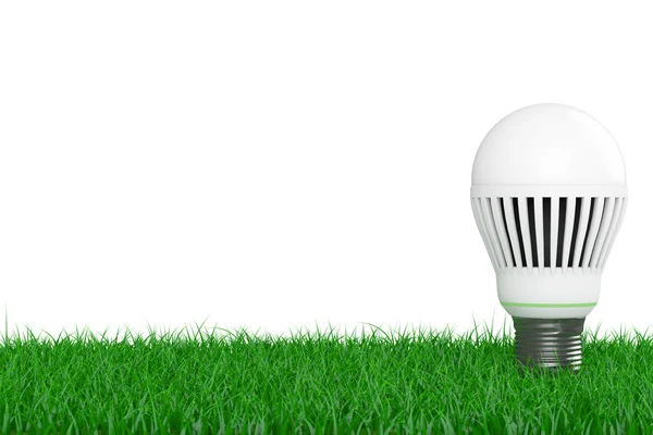 Ekologie energetických uložit koncept. LED žárovka trávě. 3D vykreslování — Stock fotografie
