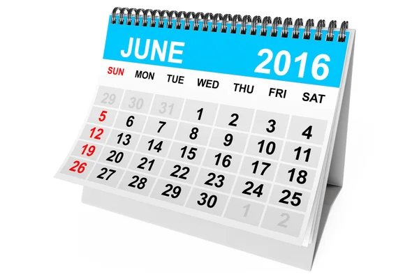 Kalender juni 2016. 3D-rendering — Stockfoto