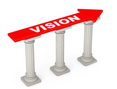 Klasik sütunlar üzerinde vizyon işaretiyle kırmızı ilerleme ok. 3D Ren