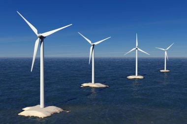 Alternatif enerji kavramı. Okyanus'daki yel değirmenleri. 3D render