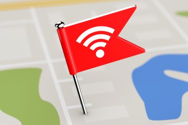 Kırmızı bayrak harita arka plan simgesine Wi-Fi ile. 3D render