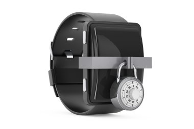 Güvenlik kavramı. Smartwatch kombinasyonu asma kilit ile. 3D render