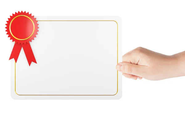 Modelo de diploma de certificado em branco na mão — Fotografia de Stock