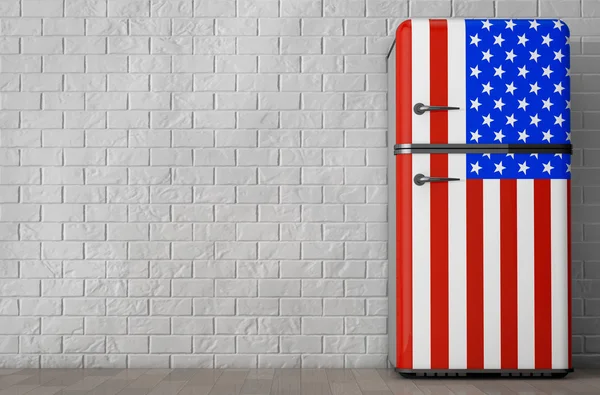 Refrigerador retro con la bandera de Estados Unidos. Renderizado 3d —  Fotos de Stock