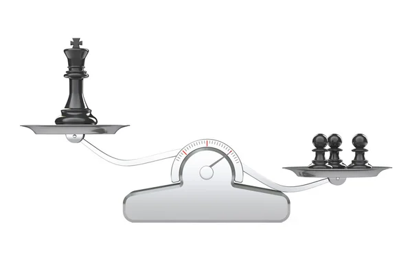 King and three Chess Peons over Balance Scale (em inglês). Renderização 3d — Fotografia de Stock