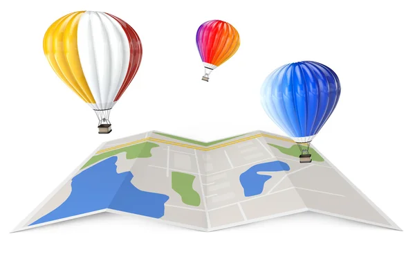 Globos de aire caliente sobre el mapa de la ciudad. Renderizado 3d —  Fotos de Stock