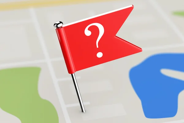 Bandiera Rossa con Punto interrogativo sullo sfondo della mappa. 3d Rendering — Foto Stock