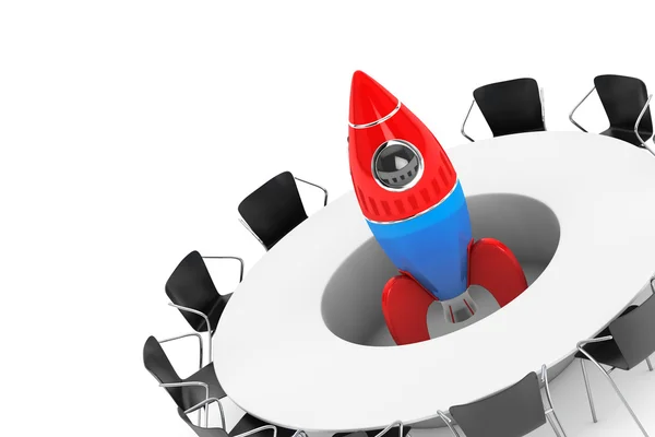 Sedie intorno a un tavolo con Startup Rocket al centro. 3d Rend — Foto Stock