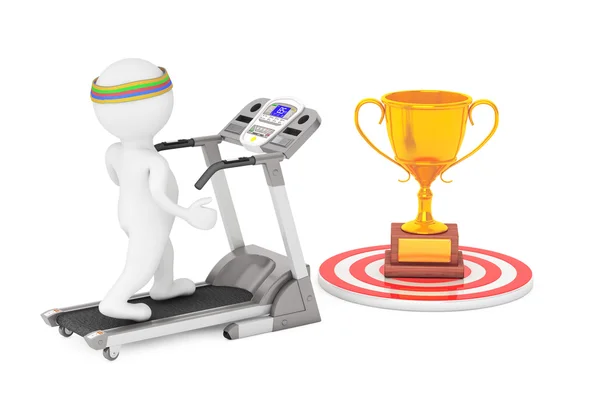 3d Person läuft auf einem Laufband zu großen goldenen Trophäe vor — Stockfoto