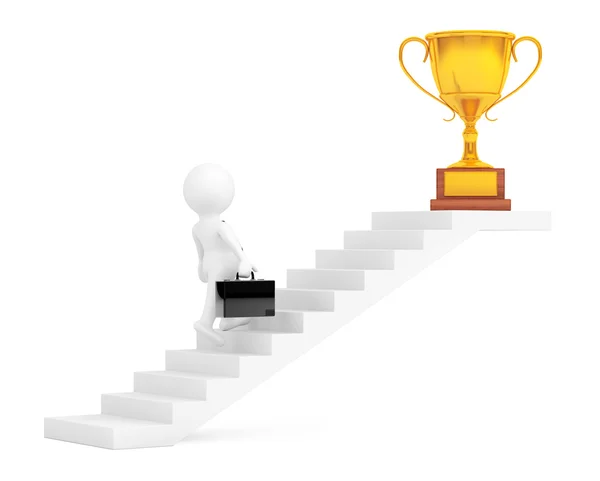 Бизнесмен, поднимающийся по лестнице к Трофею, выигрывает цену. 3D-рендеринг — стоковое фото