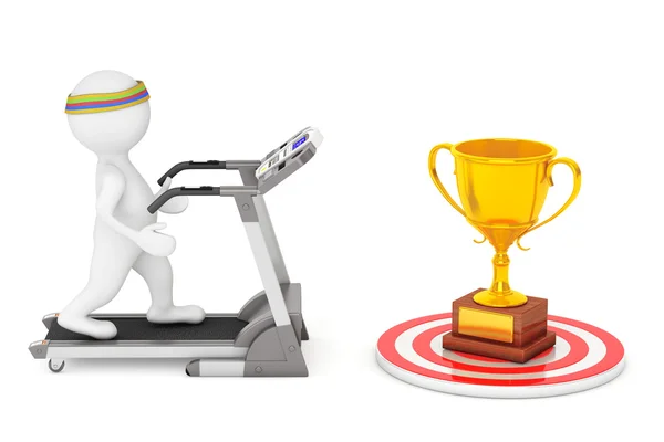 3d Person läuft auf einem Laufband zu großen goldenen Trophäe vor — Stockfoto