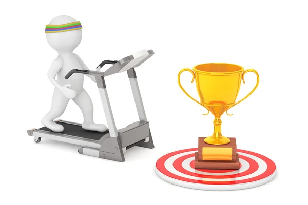 3D Person Running on a Treadmill to Large Golden Trophy in front — Stock Photo, Image